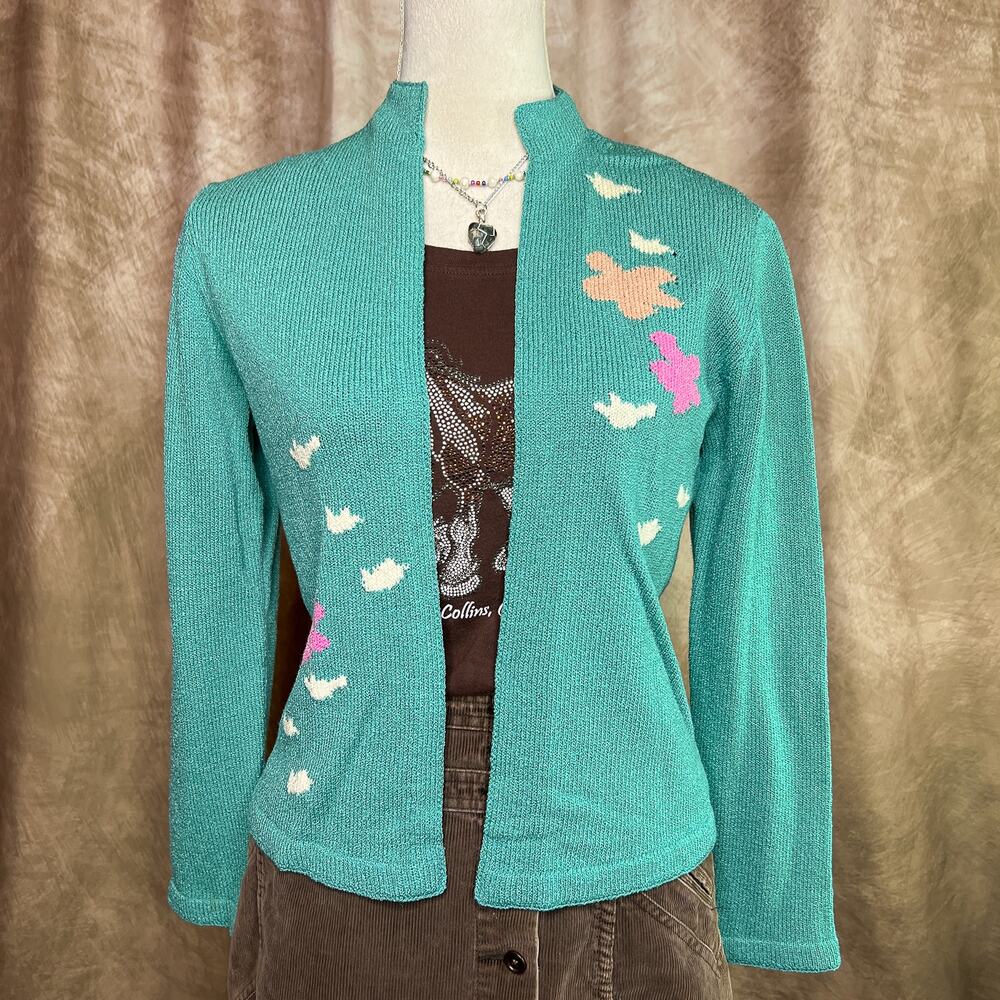 Vintage Cardigan Sweater 60s Floral Knit Open Front Clouds Birds Cottagecore Mod